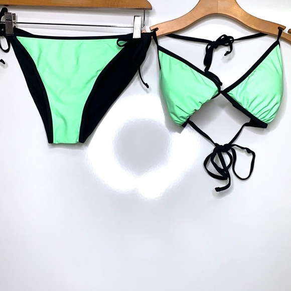 NEW 7TH SUMMER Lime Green Black Two Piece Triangle Tie Bikini Swimsuit Set Large - Picture 2 of 8